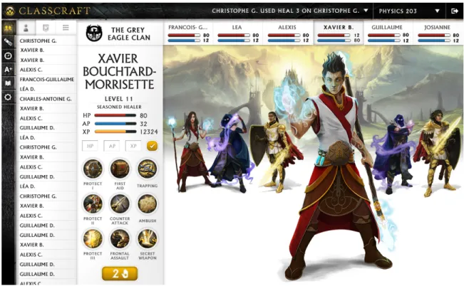 Figure 3.4: Classcraft user interface. Note the student’s health and mana pool, as well as the list of other students in the classroom.