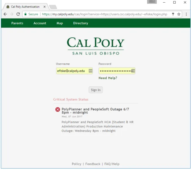 Figure 4.2: The main Cal Poly login portal. Note the URL that links back to my personal department folder.
