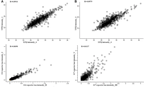 Figure 1: representative correlation plots comparing the lFQ intensities and itrAQ reporter ion intensities of two biological replications for the cr/VGPr (A) and < VGPr (b) groups