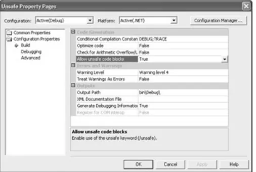 Figure 1.1: Using the Allow unsafe code blocks option to enable use of unsafe code in your application.
