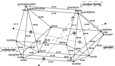 Figure 3.1: Feature Network representation for the kinship data with the three most impor- impor-tant features (Gender, Nuclear family and, Collaterals) represented as vectors