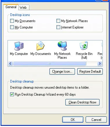 Figure 1.2  The Desktop Items dialog box 4.  Under Desktop Cleanup, click Clean Desktop Now to run the Desktop Cleanup Wizard now.