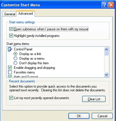 Figure 1.3  The Advanced tab of the Customize Start Menu dialog box 