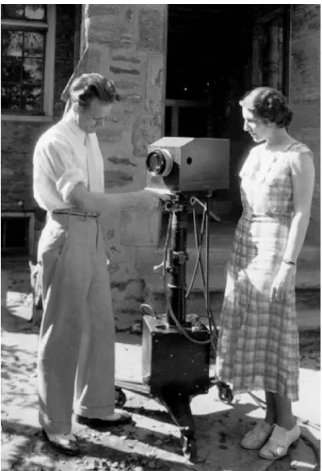 Figure 1-1Philo T. Farnsworth and his model Mabel with a 1935 portable video camera.