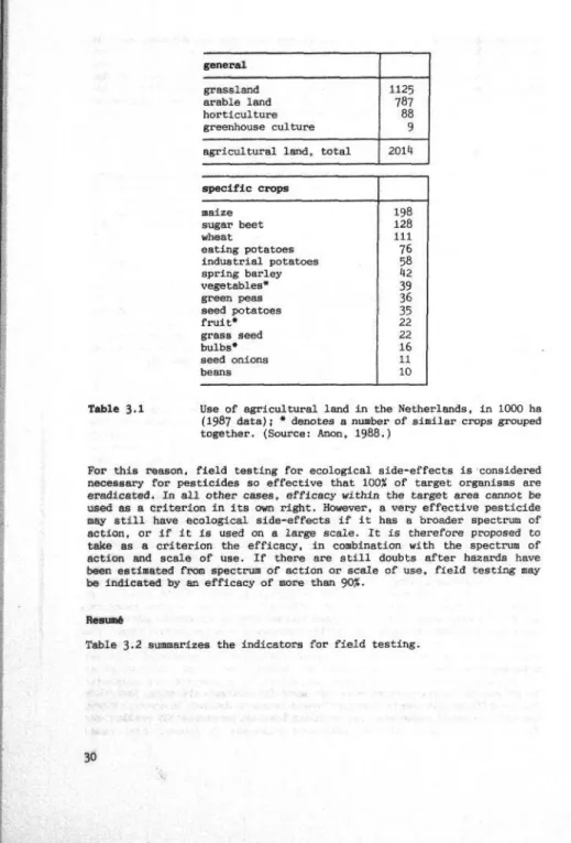 Table 3.1 Use of agricultural land in the Netherlands, in 1000 ha (1987 data)j * denotes a number of similar crops grouped together