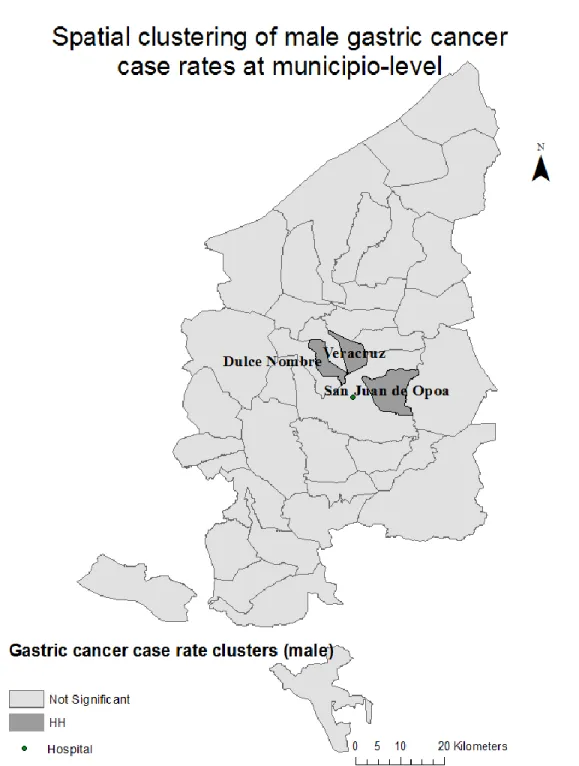 Figure 2.5 Significant spatial clustering of male gastric cancer cases. HH Case Cluster indicates clustering of higher  than expected incidence rates