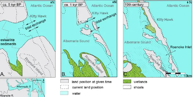 Figure 2. Paleogeographic reconstructions of Eastern Albemarle Sound based on Culver et al