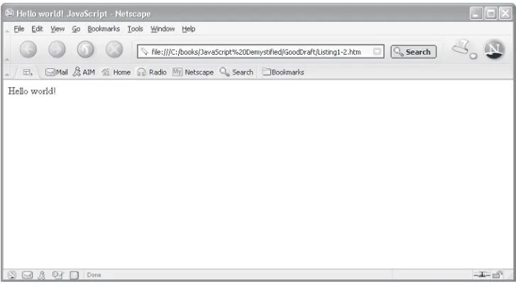 Figure 1-1 Your ﬁ rst JavaScript displays “Hello, world!” in a web page.