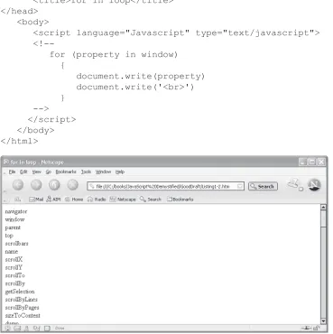 Figure 3-12 The for in loop is used to display properties of a window object.
