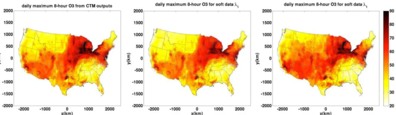Figure 2. 3: The DM8A ozone concentrations in the United States on 11-July-2005 using (Left) the raw  CTM Model predictions, (Middle) the bias-corrected expected values 