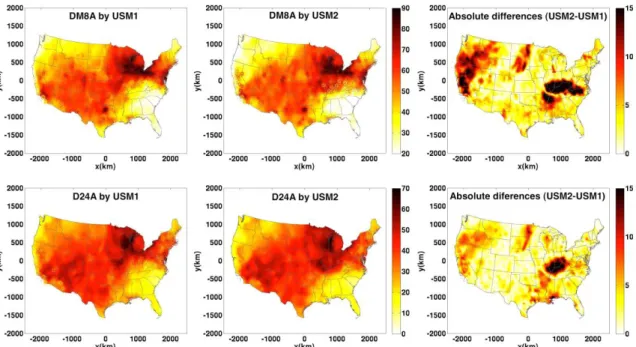 Figure 3. 2. Maps of Jul-11-2005 ozone BME estimates in ppb of the DM8A (Top) and the D24A (Bottom)  obtained from upscaling method USM1 (Left) and USM2 (Middle)
