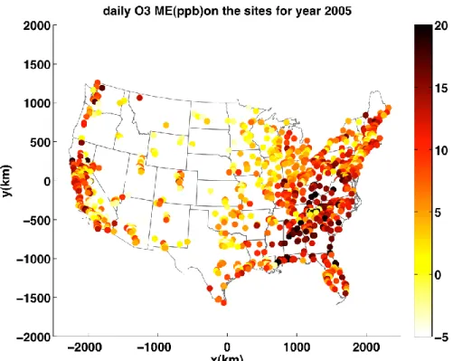 Figure A. 12s: D24A O3 mean prediction error (ME) (in ppb) at each AQS sites for the CAMx simulation  of year 2005 using a 36x36km 2  grid cell resolution