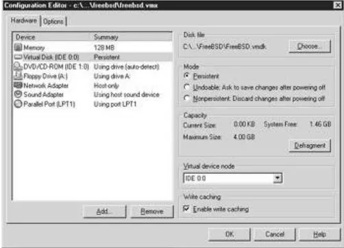 Figure 4.6 shows the Configuration Editor in VMware Workstation for Windows. The Hardware tab’sdisplay shows the virtual machine’s current devices on the left
