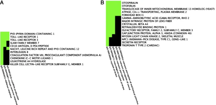 Fig. 2. Sample FAC heat maps in the PTSD-affected group. Shown are the genes and associated annotations for FAC cluster 3 (A) and 2 (B) determined from the uniquely unmethylated and methylated gene sets, respectively.