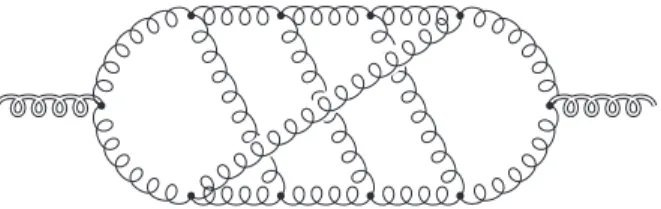 Figure 1. One of the more complicated diagrams. Single lines represent gluons, and the external double lines represent the background field