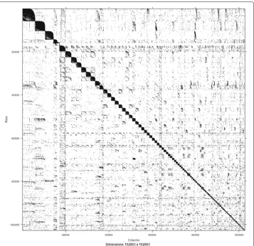 Fig. 10 The adjacency matrix of the circular flow network sorted in descending order regarding thecommunity size, where it shows the top 100 largest communities