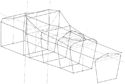 Figure 35. Preliminary chassis guide sketches including parting mold lines, template cross-sections, and rear  bulkhead geometry