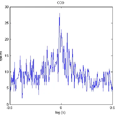 Figure 5.9: Cross-correlogram of neuron 1 (the target neuron) and neuron 5 shows a peak for lags that are less than 0.1 second.