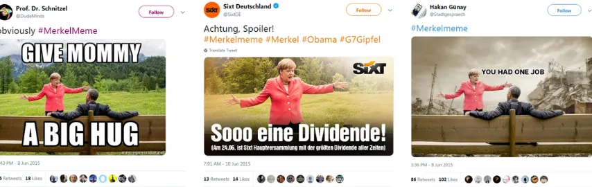 Figure 1. Adaptations of the Merkel Meme. (Sources: Twitter @DudeMinds, @SixtDE, @Stadtgespraech)  