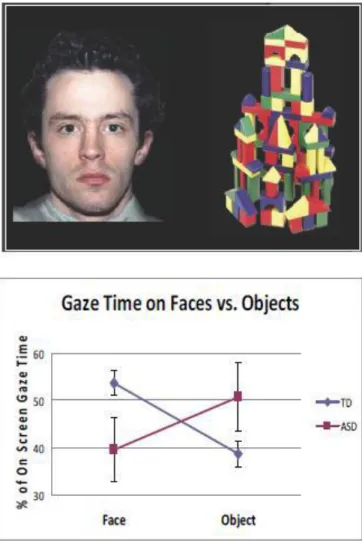 Figure 1. Results from Dichter et al. (2010).  Adults with and without ASD were shown stimulus pairs  containing a social (neutral expression face) with a non-social stimulus (object image related to  circumscribed interests in ASD)