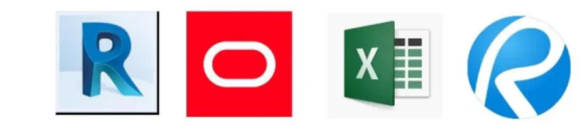 Figure 2: Software’s Used to Complete Project (Far Left: Revit, Middle Left: Primavera 6,   Middle Right: Excel, Far Right: Bluebeam) 