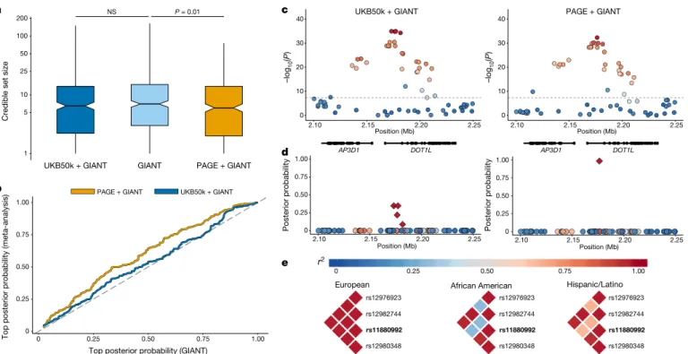 Fig. 3 | Fine-mapping with multi-ethnic PAGE versus homogeneous  UK Biobank samples for height