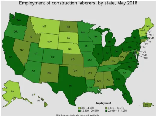 Figure 1: Data from US Bureau of Labor Statistics showing construction laborers  employed by state in May 2018