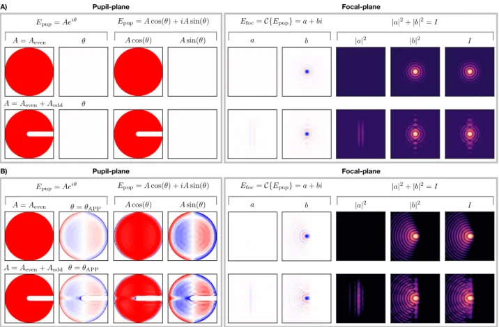 Fig. 3. Focal- and pupil-plane quantities for (a) a symmetric and asymmetric pupil, and (b) vAPPs designed for these pupils