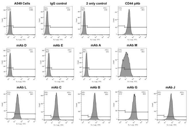 Figure 3-2. FACS histograms of A549 cell-surface binding of CD44 mAb and assay controls