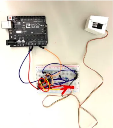 Figure 1. Bite Force Generation Circuit. An Arduino Microcontroller wired to a breadboard  containing an INA125P instrumentation amplifier