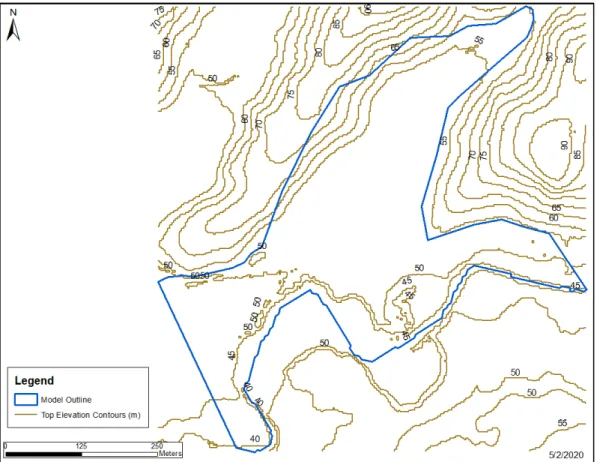 Figure 9: Top of Layer 1 elevation raster clipped to the GMS model outline and  converted to a topographical map