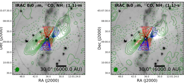 Figure 9. The integrated intensity contours from the ATCA NH 3 (1,1) observations (green) are overlaid on the Spitzer 8 µm image (inverse grayscale)