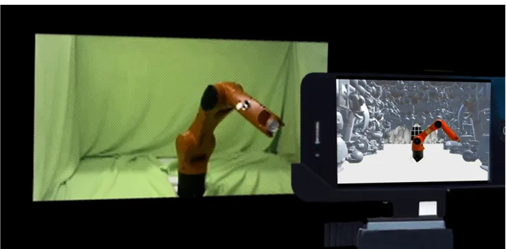Fig. 4. The cell phone AR application creates a mixture of realities with combining the virtual room and the actual footage of the robot arm