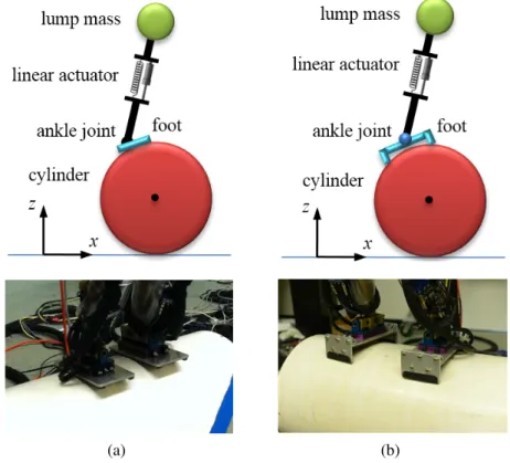 Figure 2.2. Simplified dynamics model for a biped robot with (a) flat feet or (b) geta feet on a rolling cylinder in the sagittal plane.