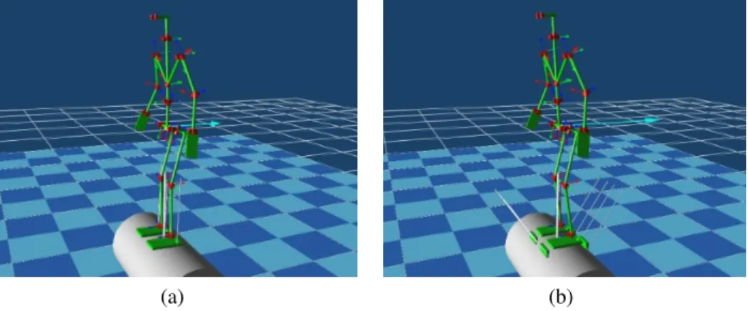 Figure 2.6. Simulation of a biped robot with (a) flat feet or (b) geta feet on a rolling cylinder.