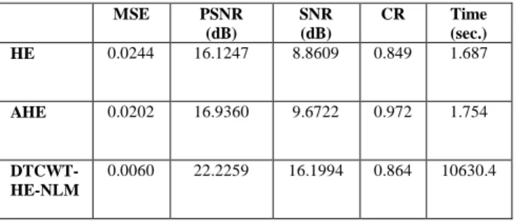 Fig.  4(d)  shows  DTCWT-HE-NLM    based  algorithm  result and it has low resolution and contrast, also it takes  10630.4 sec