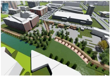 Fig. 1. Bird’s eye view of the preliminary design proposal “City Park” by one group of students (above); and one example of outcomes of the psychological assessment: the activities with the red square are the ones