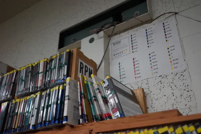 Figure	14.	All	albums	are	carefully	labeled	with	multiple	colored	stickers	according	to	genre	and	 alphabetical	order	to	indicate	their	place	in	the	music	library.	