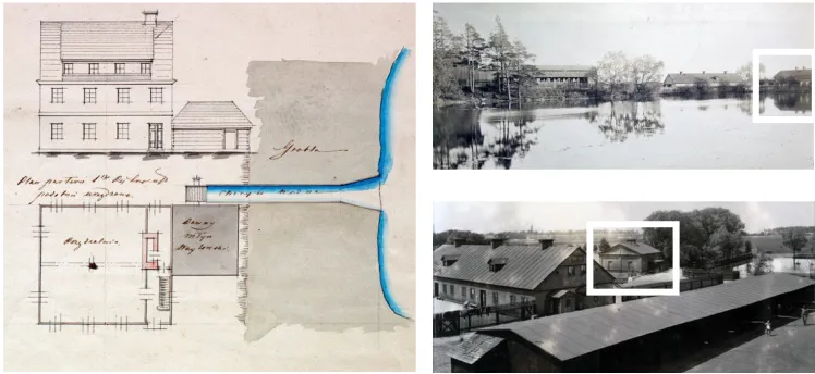 Fig. 1. Archival records of the buildings on the site in question: The Wendisch spinning mill with adjoining old mill (left); images of the Scheibler farm in the 1880s with existing building framed in white (right)