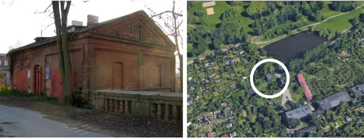 Fig. 4. Existing building – former farm manager’s house (left); site in the context of allotments and parklands (right)