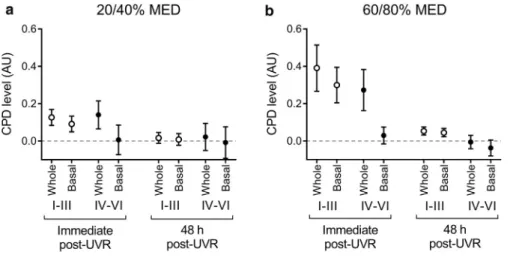 Figure 5. CPD repair is virtually complete at 48 hours with no difference between UVR doses or skin types