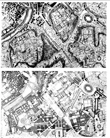 Figure 2. Detail of the entry by C. Rowe for the Call the Nolli’s original 1748 map (Source: [Roma Interrotta; the upper picture shows 5]), and the lower Rowe’s proposal for the same area in 1978