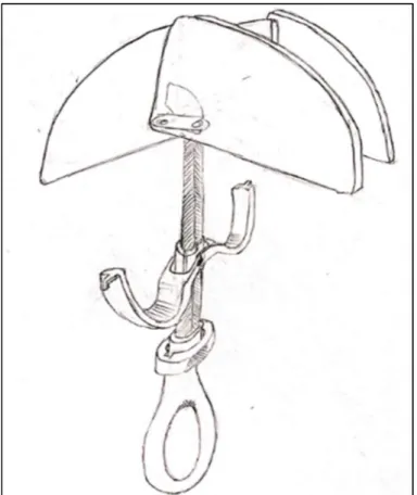 Figure 6. Drawing of Design A, which features a butterfly  trigger, a pressed U stem, and a rotating collar lock