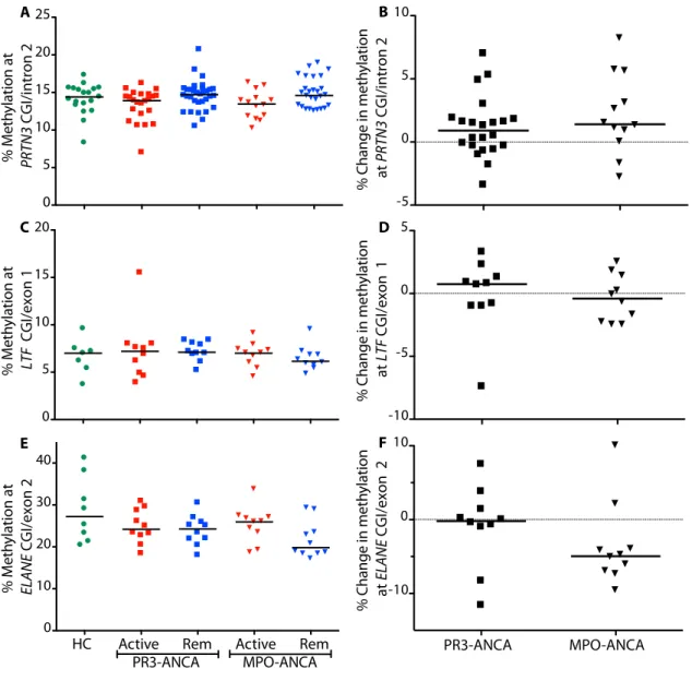 Figure 1.5. DNA methylation at loci within additional granulocyte genes. Green circles are  healthy controls; squares are PR3-ANCA patients; triangles are MPO-ANCA patients; active  patients are red and patients in remission are blue