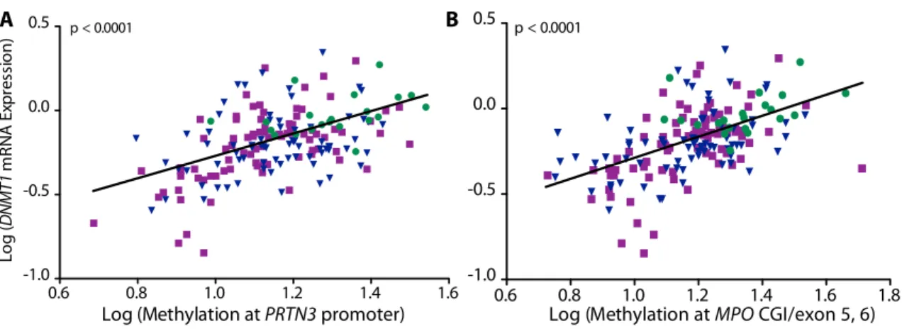 Figure 1.7. Correlation of DNA methylation and mRNA expression at DNMT1. Healthy controls  (green circles); MPO-ANCA patients (blue triangles) and PR3-ANCA patients (purple squares)