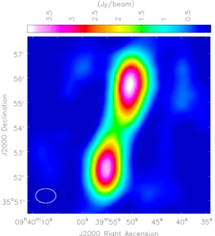 Figure 2. LOFAR LBA radio map of 3C 223 at 51.6 MHz with an off- off-source rms noise of 12.4 mJy beam −1 