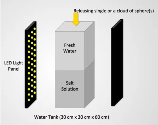 Fig. 2: Experimental setup. The water tank with inner dimensions of 28 cm L x 28 cm W x 60 cm H was built of acrylic