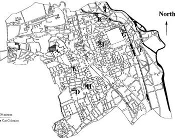 FIG. 1. Map of the urban area of Nancy, France, and locations of territories of cat colonies A to J.