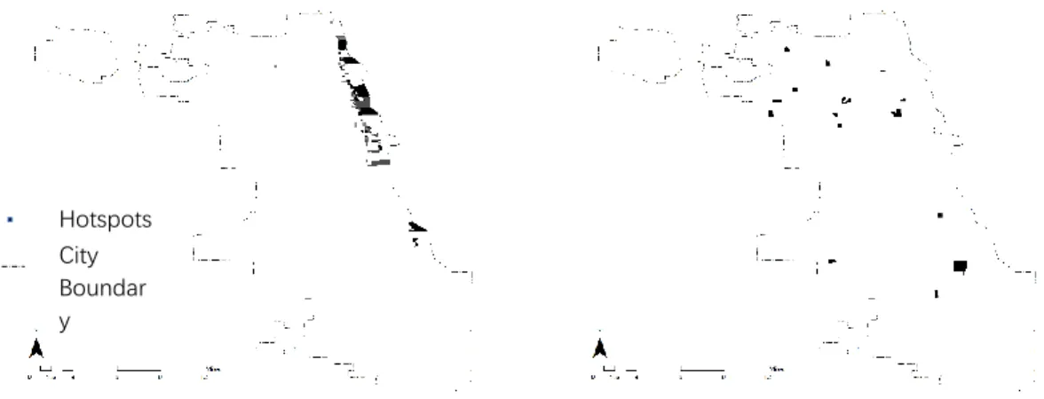 Figure 3.5 Comparison of tweets, density and land use mix hot spots 