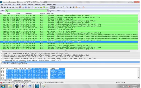 Figure 8: Screen Shot of Highlighted JPEG Packet in Wireshark.